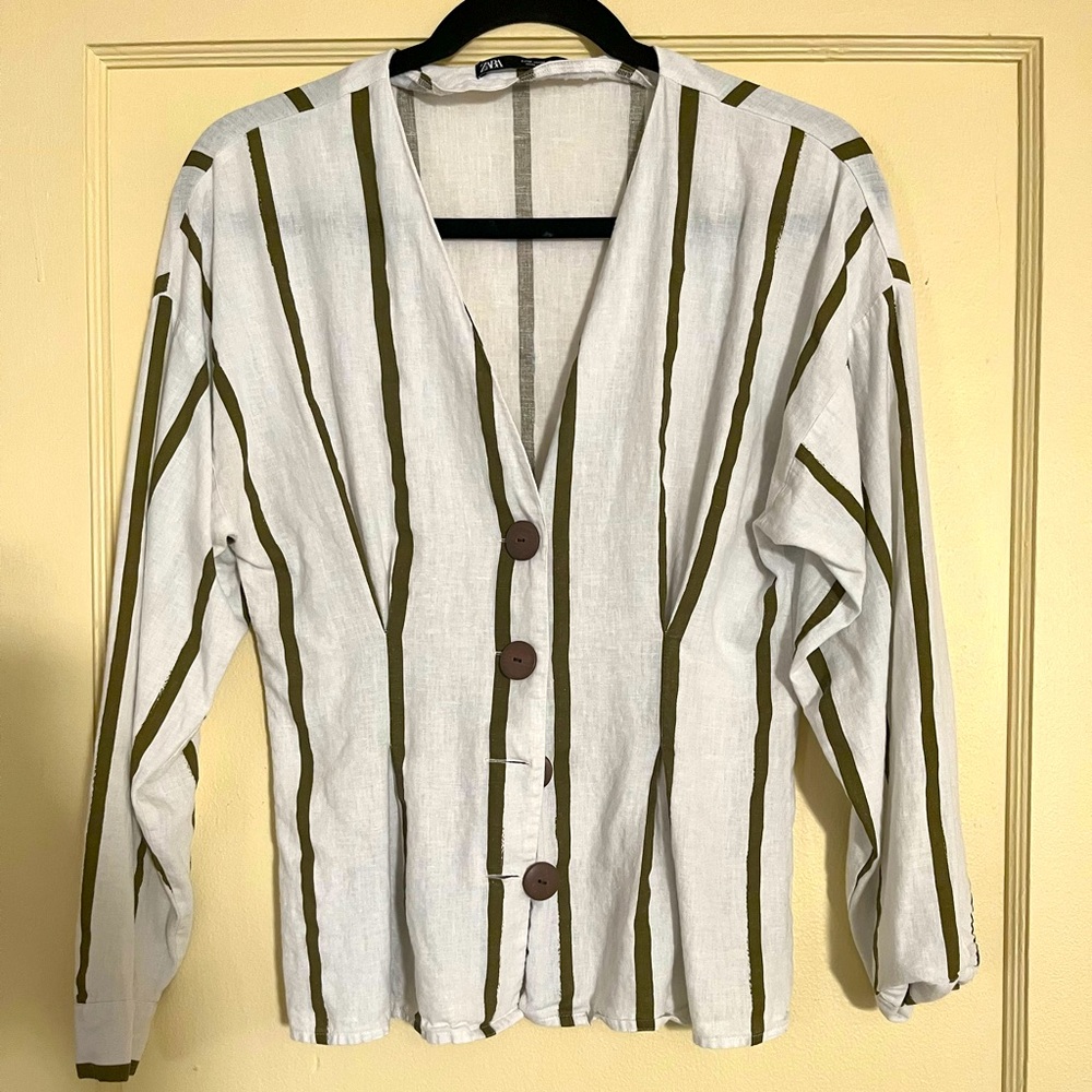 Linen shirt Zara white with green stripes